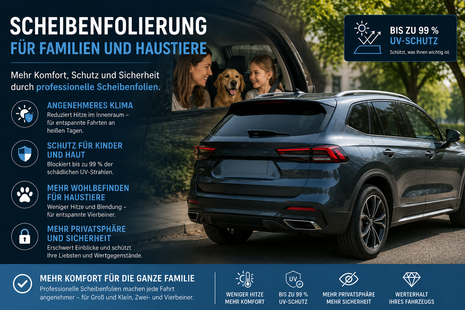 Hund schaut aus Autofenster – Scheibenfolierung für Haustiere